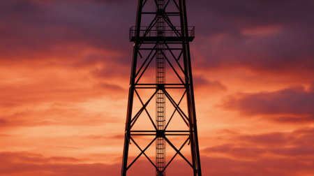 A tall tower with a ladder on it is silhouetted against a beautiful sunset. The tower is surrounded by clouds, which add to the dramatic effect of the scene. The colors of the sunset are warmの素材