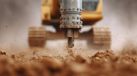 A large piece of machinery is digging into the ground. The dirt is brown and the machine is covered in dustの素材