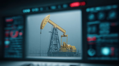 A computer monitor shows a yellow oil rig with a red and white background. Concept of industry and hard work, as the oil rig is a symbol of the energy sectorの素材