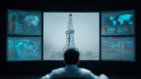 A man is sitting in front of a computer monitor that shows a drilling rig. The man is looking at the monitor intentlyの素材
