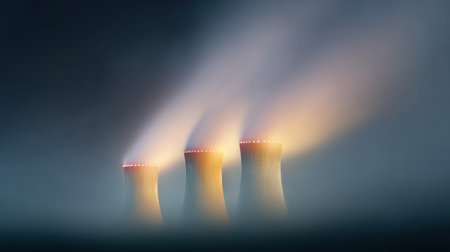 Three large power plants are emitting smoke into the air. The smoke is yellow and orange, creating a warm and hazy atmosphere. The power plants are located in a foggy, misty environmentの素材