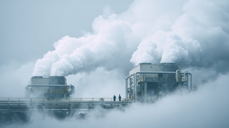 A foggy scene with two large industrial buildings emitting smoke. The smoke is thick and billowing, creating a sense of unease and danger. The scene is set in a cold, industrial environmentの素材