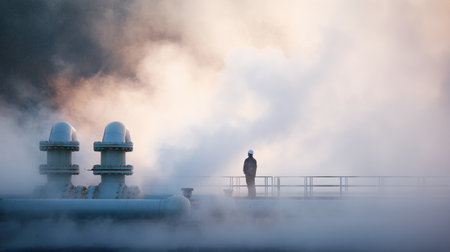 A man stands on a foggy bridge near a large pipe. The steam from the pipe is thick and white, creating a misty atmosphere. The man is observing the steamの素材