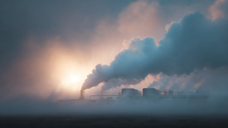 A large cloud of smoke is rising from a factory. The sky is overcast and the air is thick with fog. The scene is ominous and foreboding, as the smoke billows out of the factory and into the skyの素材