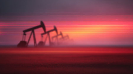 A blurry image of a field with a sunset in the background. The image is of a field with a few oil wells in the foreground. The sunset is orange and pink, creating a warm and peaceful moodの素材