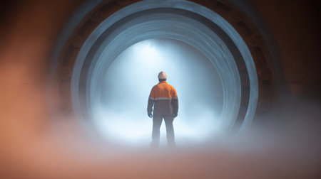 A man stands in a tunnel with a foggy atmosphere. The tunnel is dark and the man is wearing a reflective jacketの素材