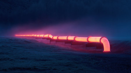 A long pipe with red lights on it. The lights are glowing and the pipe is in the grassの素材