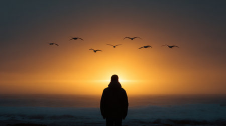 A man stands on the beach looking out at the ocean. The sky is orange and the sun is setting. There are several birds flying in the sky above himの素材
