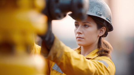 A woman in a yellow jacket is wearing a hard hat and working on a piece of equipment. Concept of hard work and dedication, as the woman is focused on her taskの素材