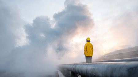 A man in a yellow jacket stands on a bridge looking out over a foggy, steamy landscapeの素材