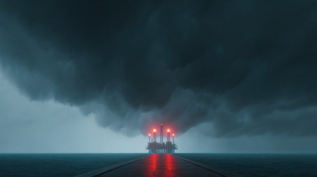 A dark sky with a storm brewing and a large oil rig in the middle of the ocean. The oil rig is lit up with red lights, creating a sense of danger and urgency. Scene is tense and ominousの素材
