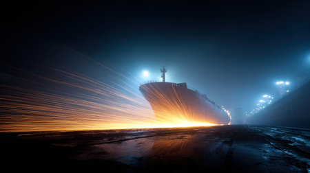 A large ship is in the water with a bright orange flame coming out of it. The scene is dark and mysterious, with the ship being the main focusの素材