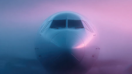 A close up of an airplane's nose with a foggy background. Concept of mystery and intrigue, as the viewer is left to wonder what lies beyond the fog and the plane's destinationの素材