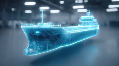 A ship is shown in a 3D image with a blue color. The ship is a large cargo ship with a blue and white color schemeの素材