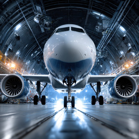 A large white airplane is parked in a hangar. The hangar is dimly lit, giving the airplane a sense of mystery and importanceの素材
