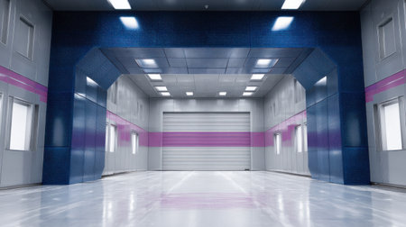 A large, empty room with blue walls and purple stripes. The room is very large and has a lot of spaceの素材