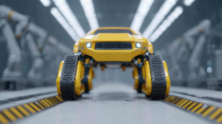 A yellow robot car is standing on a yellow track. The robot car is yellow and has a black frontの素材