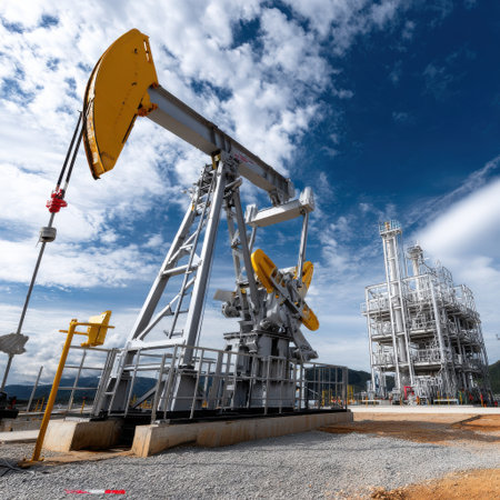 A large oil rig is pumping oil from the ground. The sky is clear and the sun is shiningの素材