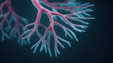 A close up of a plant with a blue stem and red leaves. The blue stem contrasts with the red leaves, creating a striking visual effect. The plant appears to be a type of flowerの素材