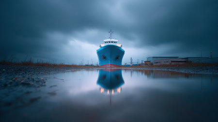 A large blue ship is in the water, with a cloudy sky in the background. The water is calm and the reflection of the ship is visibleの素材