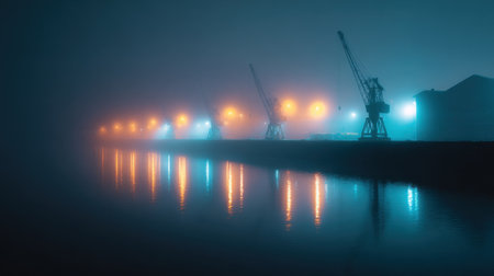A dark, foggy night with a river and a few cranes in the background. The cranes are lit up, creating a sense of mystery and intrigueの素材