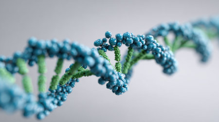 A blue and green DNA strand with many small blue beads. The strand is twisted and has a spiral shapeの素材