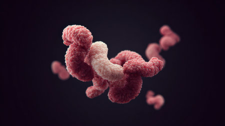 A close up of pink and white fuzzy objects floating in the air. The pink and white fuzzy objects are arranged in a way that creates a sense of movement and energy. Scene is playful and whimsicalの素材