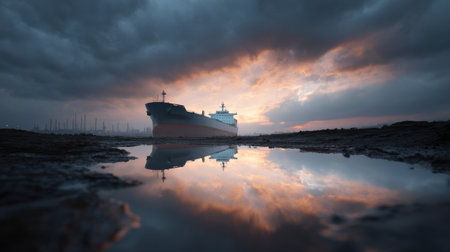 A large ship is reflected in the water. The sky is cloudy and the sun is settingの素材