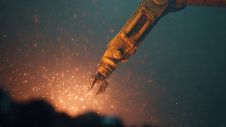 A robot arm is shown in a blurry image with a lot of sparks. The robot arm is yellow and he is in motion. The image has a sense of chaos and dangerの素材