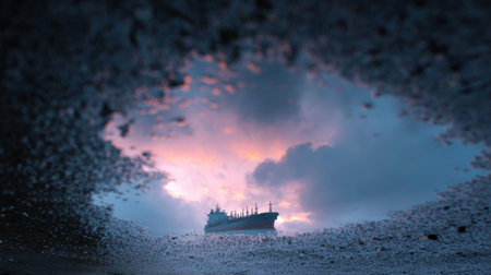 A large ship is reflected in a puddle of water. The sky is cloudy and the sun is settingの素材