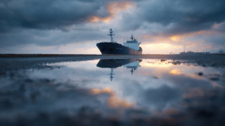 A large ship is reflected in the water. The sky is cloudy and the sun is settingの素材