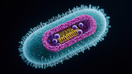 A fuzzy pink and blue cell with a yellow center. The cell is surrounded by a pink and blue shellの素材