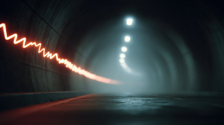 A tunnel with a red line running through it. The tunnel is dark and the red line is glowingの素材
