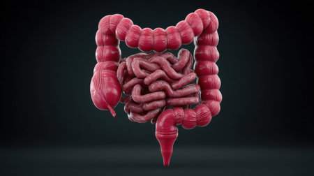 A close up of a red and pink stomach with a white arrow pointing to the end. The stomach is shown in a 3D rendering, giving it a lifelike appearanceの素材
