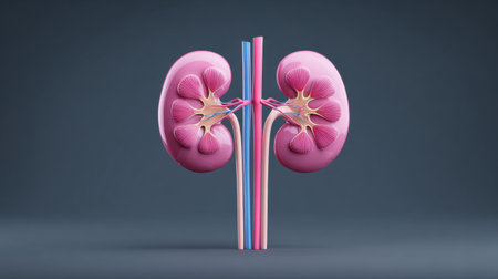 A close up of a pink and blue kidney. The pink and blue color of the kidney is a representation of the blood vessels that run through itの素材