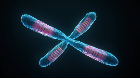 A blue and pink cell with a red stripe is shown in a black background. The cell is a DNA strand, and the blue and pink colors represent the two different strands of DNAの素材