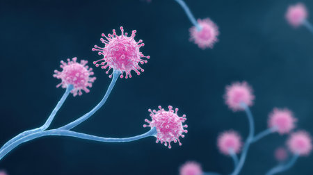 A close up of pink flowers with a blue background. The flowers are pink and have a fuzzy appearanceの素材