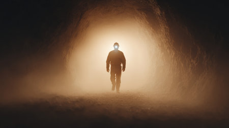 A man in a suit is walking through a tunnel. The tunnel is dark and the man is the only light sourceの素材