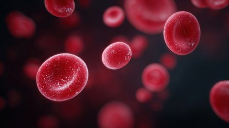 A close up of red blood cells with a blurry background. Concept of motion and energy, as the red blood cells are depicted as floating in the airの素材