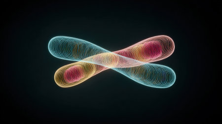 A colorful, abstract image of two DNA strands. The strands are in different colors and are twisted together. The image has a futuristic, otherworldly feel to itの素材