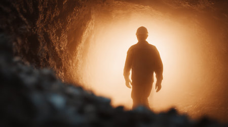 A man is walking through a cave with a helmet on. The cave is dark and the man is the only one in itの素材