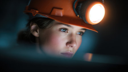 A woman wearing an orange hard hat is looking at a computer screen. Concept of focus and determination as the woman works on her taskの素材