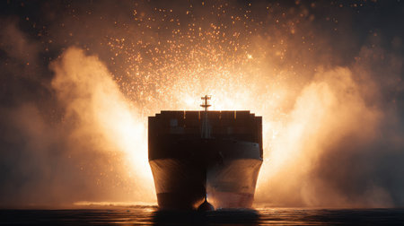 A large ship is in the water with a bright light shining on it. The scene is dramatic and intense, with the ship being the main focus of the imageの素材