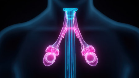 A close up of a person's neck with pink and blue colors. The pink and blue colors are used to represent the heart and lungsの素材