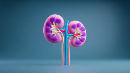 A close up of a pink and purple kidney with red veins. The image is of a kidney with a pink and purple color schemeの素材