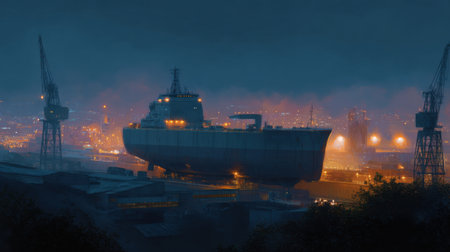A large ship is being built in a harbor at night. The scene is dark and moody, with the ship towering over the surrounding buildings and cranes. Concept of industry and hard workの素材