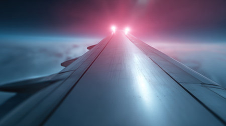 A long runway with a bright red light on the end. The light is on a plane. The runway is emptyの素材