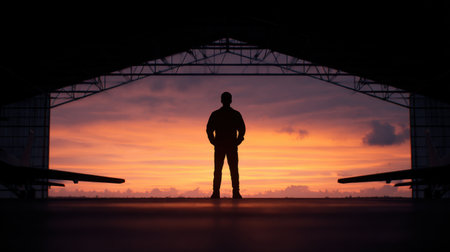 A man stands in a hangar with planes in the background. The sky is orange and the man is silhouetted against the skyの素材