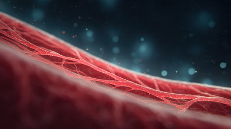 A close up of red blood cells with a blurry background. Concept of depth and texture, with the red blood cells appearing to be the main focus. The blurry background adds a sense of movementの素材