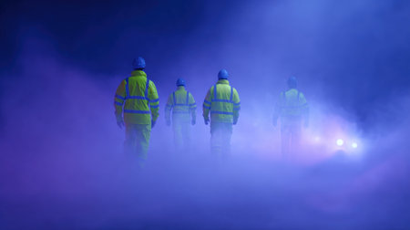 A group of workers in bright yellow and blue safety gear are walking through a hazy, misty environment. The fog is thick and the air is damp, making it difficult to see more than a few feet aheadの素材